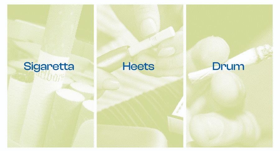 We put the butt in today's consumer context: in addition to the more common industrial
                    cigarette, we present the filter of the handmade cigarette (drum) and that of electronic
                    cigarettes